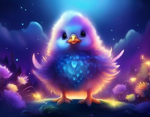 fluffy luminescent chick in a dreamy night scene