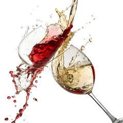 Red and White Wine Splashing in Glasses on transparent background