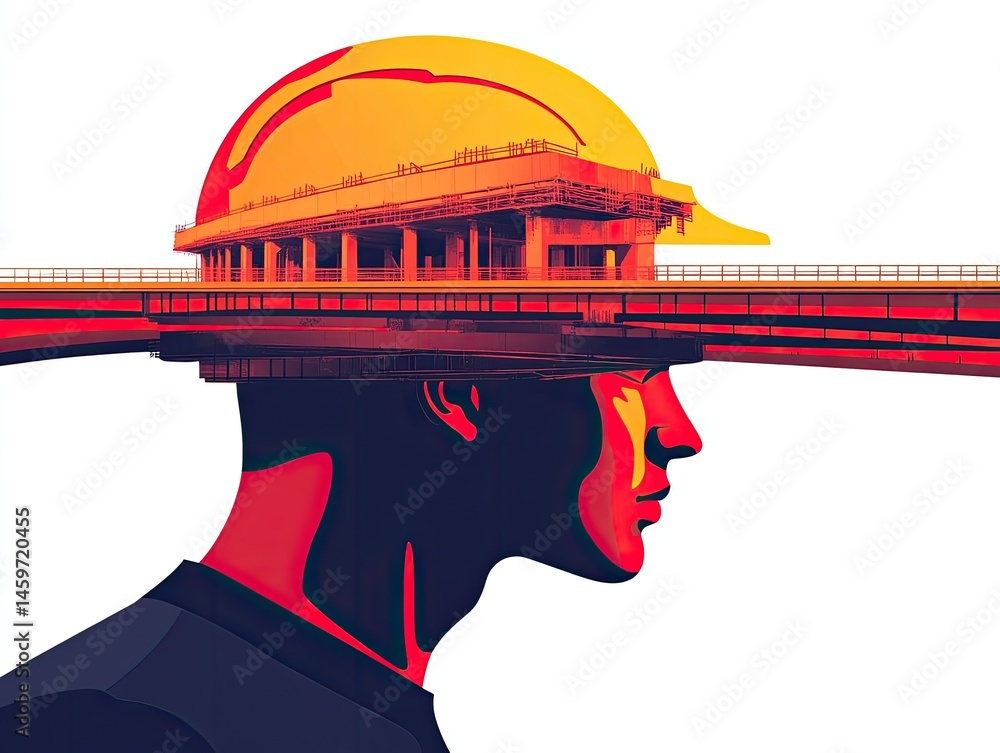 Poster silhouette of a person with a building superimposed on their head concept architecture rendered in v