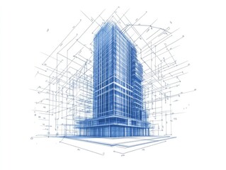 Architectural illustration of a tall building in shades of blue against a white background with surrounding dotted lines suggesting a digital or technological concept