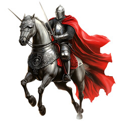 A Cartoon Knight Riding a Horse with Red Cape Isolated on Transparent Background