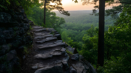 A well-worn hiking path that winds through dense forest, leading to a stunning viewpoint with a vast landscape below.
