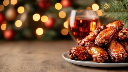 A mouthwatering display of chicken wings paired with a glass of drink, set amidst cheerful holiday decorations, highlighting a joyous and festive dining experience.