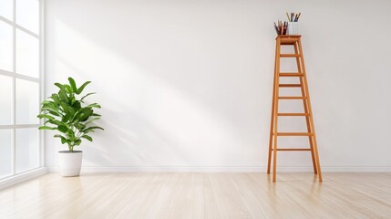 Room with Ladder and Plant - A minimalist room featuring a wooden ladder, a potted plant, and sunlight streaming through a window. Symbolizing creativity, serenity, growth, simplicity, and potential