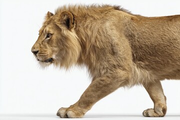 Majestic young lion walking, showcasing its golden fur against a white backdrop.