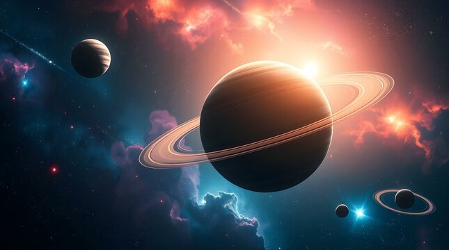 saturn with glowing rings and colorful nebula, cosmic space scene with planets and stars
