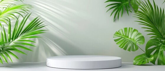 Fototapeta premium Tropical Paradise Product Display: Elegant White Platform Showcasing Beauty Products Amid Lush Greenery and Sunlight