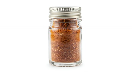 Glass jar containing red brown granular substance against white background