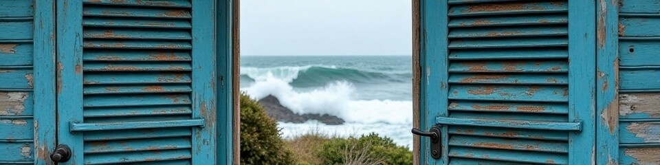 Fototapeta premium Open shutters reveal ocean waves crashing against rocky shoreline