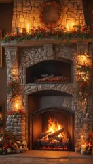 Ornate stone fireplace, glowing Christmas fire, warm, detail, fireplace