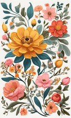 A digital painting of a lush bouquet featuring large yellow and pink flowers, smaller orange and coral blooms. Teal and green leaves create a rich backdrop. The style is painterly and romantic. 
