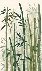 Numerous bamboo stalks rise against a light, possibly off-white background. Green leaves and varying shades of green bamboo create depth. The style is painterly, suggesting a peaceful,