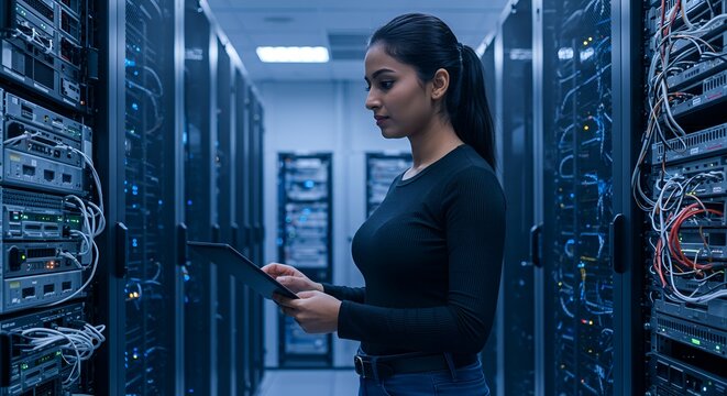 Data Center Management: IT Technician Monitoring Server Infrastructure