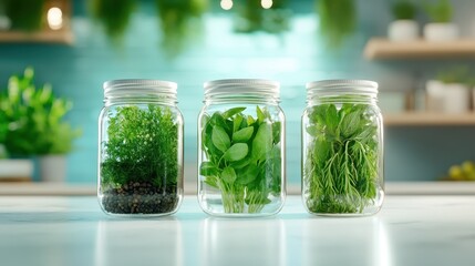 This image showcases three glass jars filled with vibrant, fresh herbs, including dill, basil, and mint, arranged beautifully against a soft, blurred background.