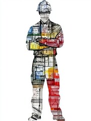 Silhouette of a construction worker with arms crossed featuring a colorful collage of buildings and infrastructure against a white background.