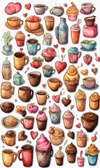 Delightful watercolor collection of coffee cups, mugs, and cupcakes. Sweet treats and warm beverages depicted in charming, hand-painted style. Perfect for cafe menus, blogs, or whimsical designs.