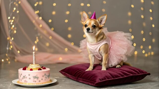 Cute chihuahua in pink dress and party hat celebrates birthday with cake. Dog with birthday cake