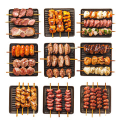 Grilled skewers assortment variety isolated on transparent background