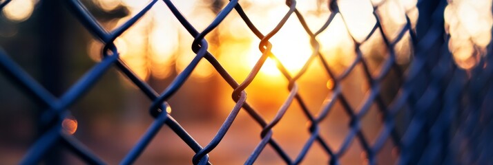 Fototapeta premium Sunset Through Chain Link Fence - Close-up view of a chain link fence with the setting sun visible through the wire mesh. Warm sunset colors
