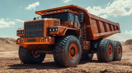 Obraz premium Powerful orange heavy-duty transport vehicle on dusty terrain.