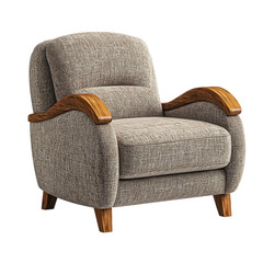 Upholstered armchair with wood trim isolated on transparent background