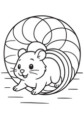 Coloring book hamster happily runs inside a hamster ball. Adorable line art for coloring creative kid