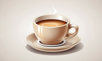 Obraz premium A beige coffee cup sits on a matching saucer against a light beige background. The cup contains steaming brown coffee. The scene evokes feelings of warmth and relaxation. 