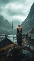 Viking woman with her back turned looking at her village with copy space vertically 9:16