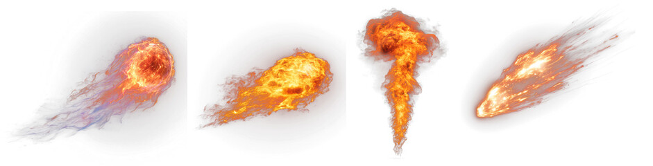 Set of realistic fireballs and flame explosions with trailing fire tails on transparent background, high-resolution visual effects for action scenes, video games, or motion design elements