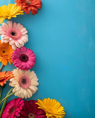 A close-up, ultra-detailed image of a multi-colored bouquet of gerbera daisies arranged in a clear glass vase, sitting on a yellow tablecloth with a matching bright yellow background. The daisies are 