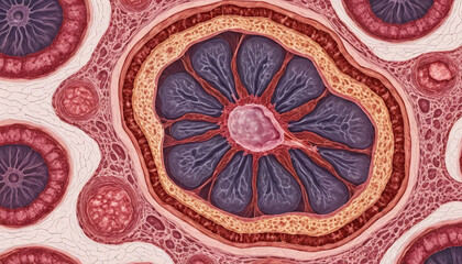 Anatomical illustration of human tissue structure, showcasing intricate details and layers