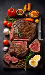 A juicy grilled steak, sliced and arranged on a dark wooden board with assorted vegetables including tomatoes, peppers, and onions. Hard boiled eggs and nuts are also present. The background is a dark