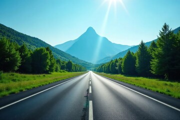 Asphalt Pathway Leading to Majestic Mountain Peak Under a Bright Sunny Sky
