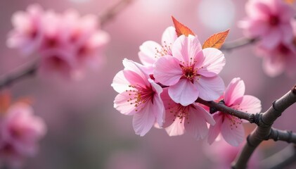 Delicate pink cherry blossoms in full bloom on a tree branch , delicate, outside