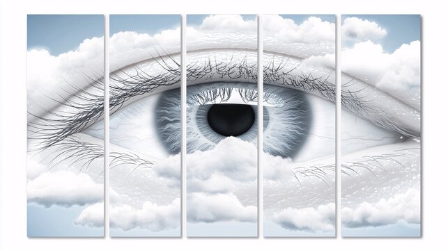 time-lapse sequence of an eye’s vitreous humor becoming progressively cloudier over years, illustrating degenerative progression. Scientific, multi-panel layout. disease progression, time-lapse 