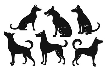 Black Dog Silhouette Icons – Sitting, Standing & Walking Poses