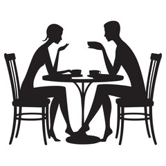 Two people sitting at a table. One of them is holding a cup. The table is round Vector Black silhouettes. with white background