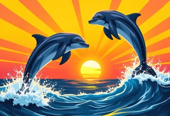 Obraz premium Two dolphins leaping from the ocean waves at sunset, creating a vibrant scene