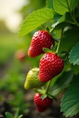 Luscious red and green strawberries ripening on farm , garden, plantation