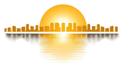 A golden sunrise behind a city skyline, with reflections shimmering on the water.