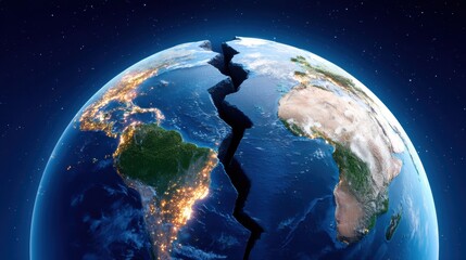 A large crack splits the Earth in half, symbolizing global division or catastrophe, against a backdrop of space.