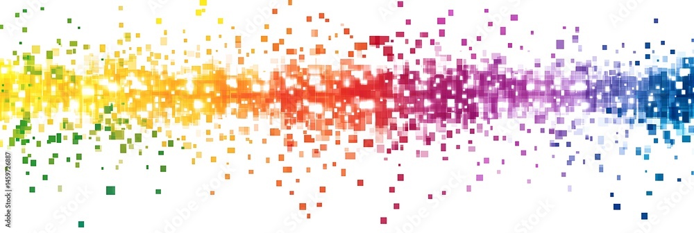 Poster a vector graphic of a colorful, pixelated rainbow gradient on a white background, with each color re