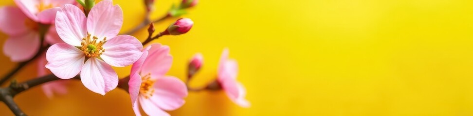 Fototapeta premium Vibrant yellow backdrop, pink & white blossoms , image, garden