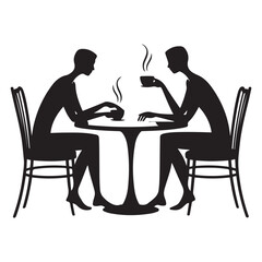 Two people sitting at a table. One of them is holding a cup. The table is round Vector Black silhouettes. with white background