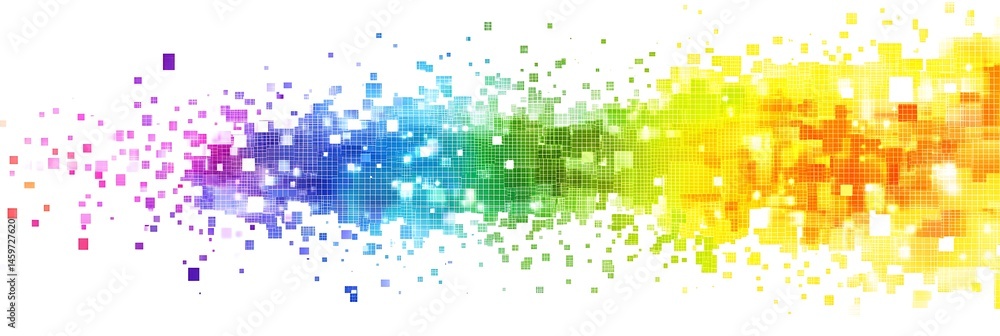 Poster a vector graphic of a colorful, pixelated rainbow gradient on a white background, with each color re