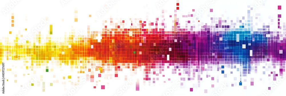 Poster a vector graphic of a colorful, pixelated rainbow gradient on a white background, with each color re