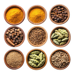 Spice assortment in wooden bowls isolated on transparent background