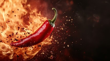 An impressive view of a chili pepper amidst glowing flames and scattered bits, symbolizing the heat and intensity of spicy foods in culinary creativity.