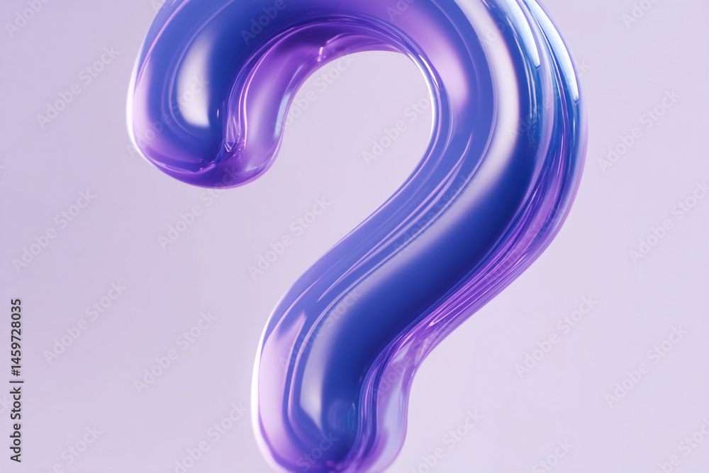 Poster glossy purple question mark, 3d render, smooth curves, suggests inquiry, uncertainty, or problem-sol
