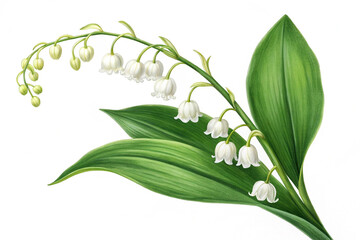 Obraz premium White lily of the valley with green leaves isolated on white background.